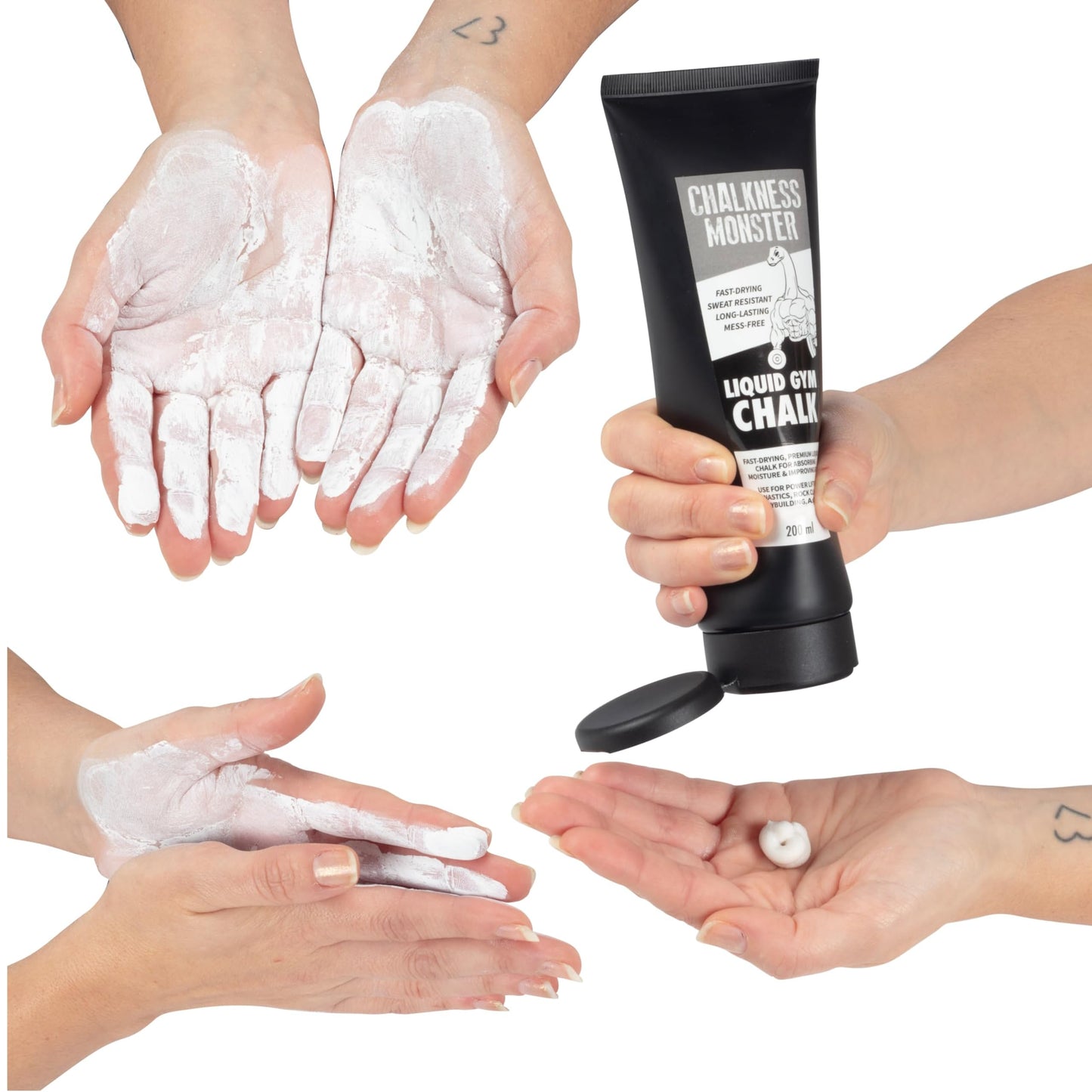 Liquid Gym Chalk - Mess-Free -2 Pack Premium Sweat Resistant Long Lasting Grip - Quick Dry Improved Hand Grip for Gymnastics, Rock Climbing, Power Lifting and More - Chalkness Monster 200 mL Bottle