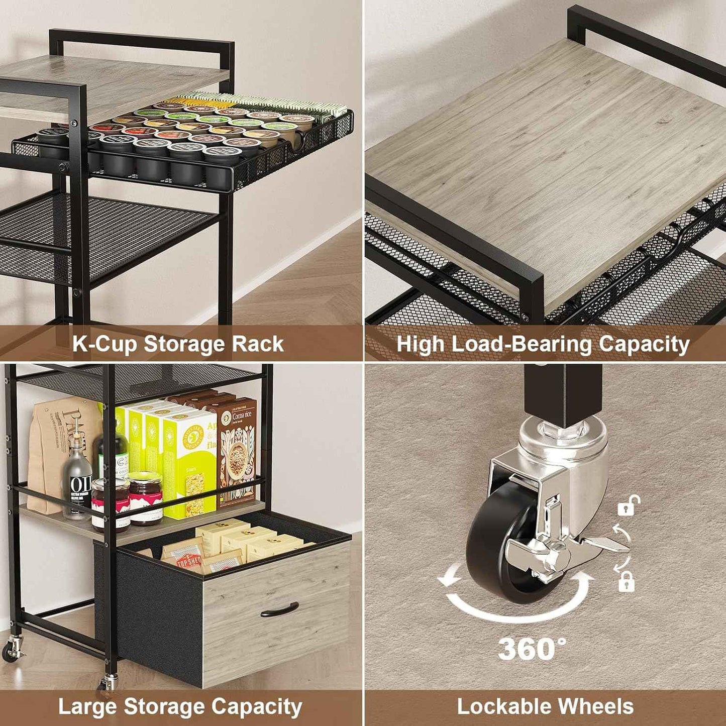 Modern White Coffee Bar Cabinet on Wheels - 5-Tier Storage Station with Drawer for Home Kitchen & Liquor Buffet