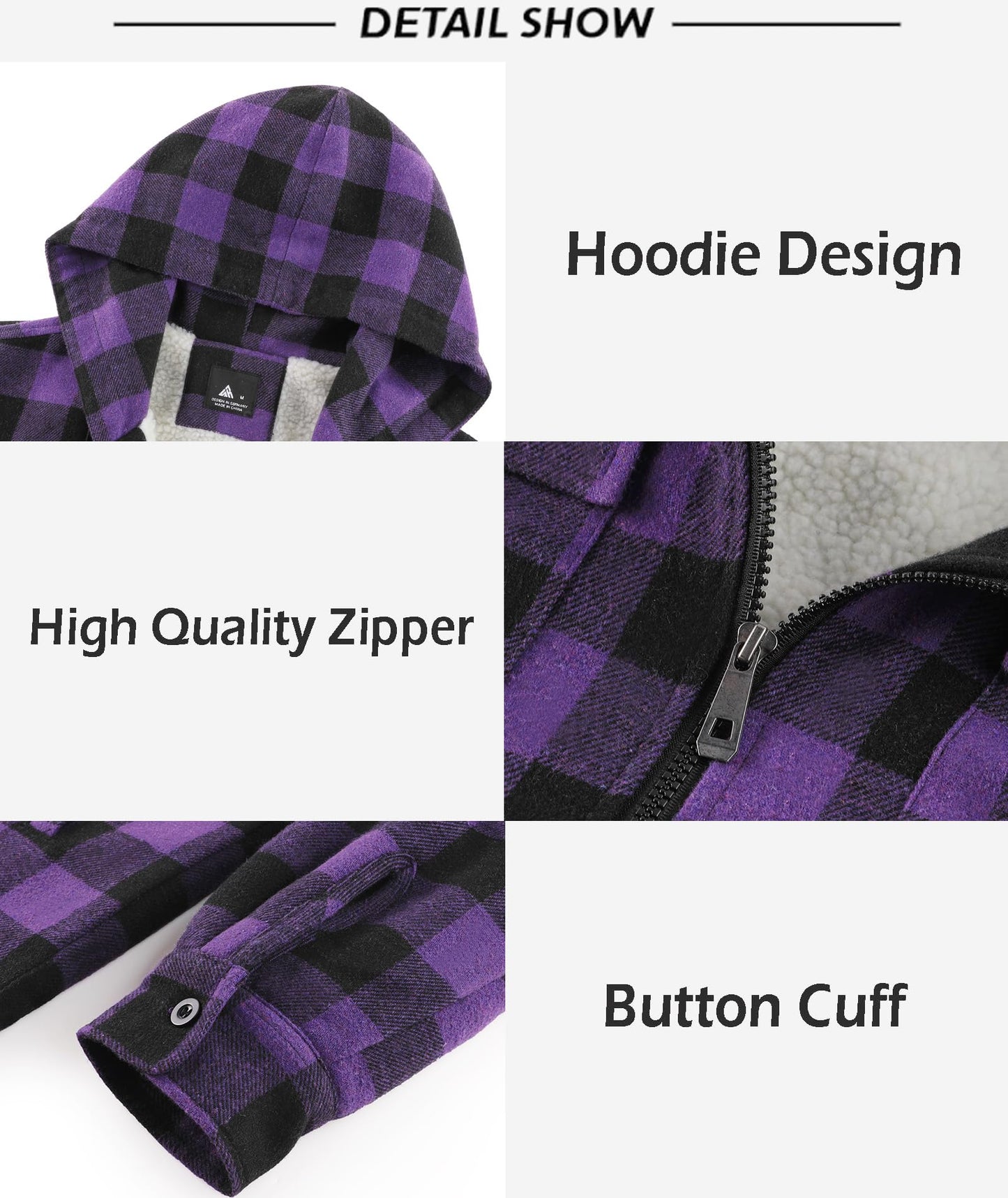 SCODI Men's Flannel Shirt Jacket Fleece Sherpa Lined Plaid Jackets Coat Full Zip Up Hoodie Winter Outwear Purple XL