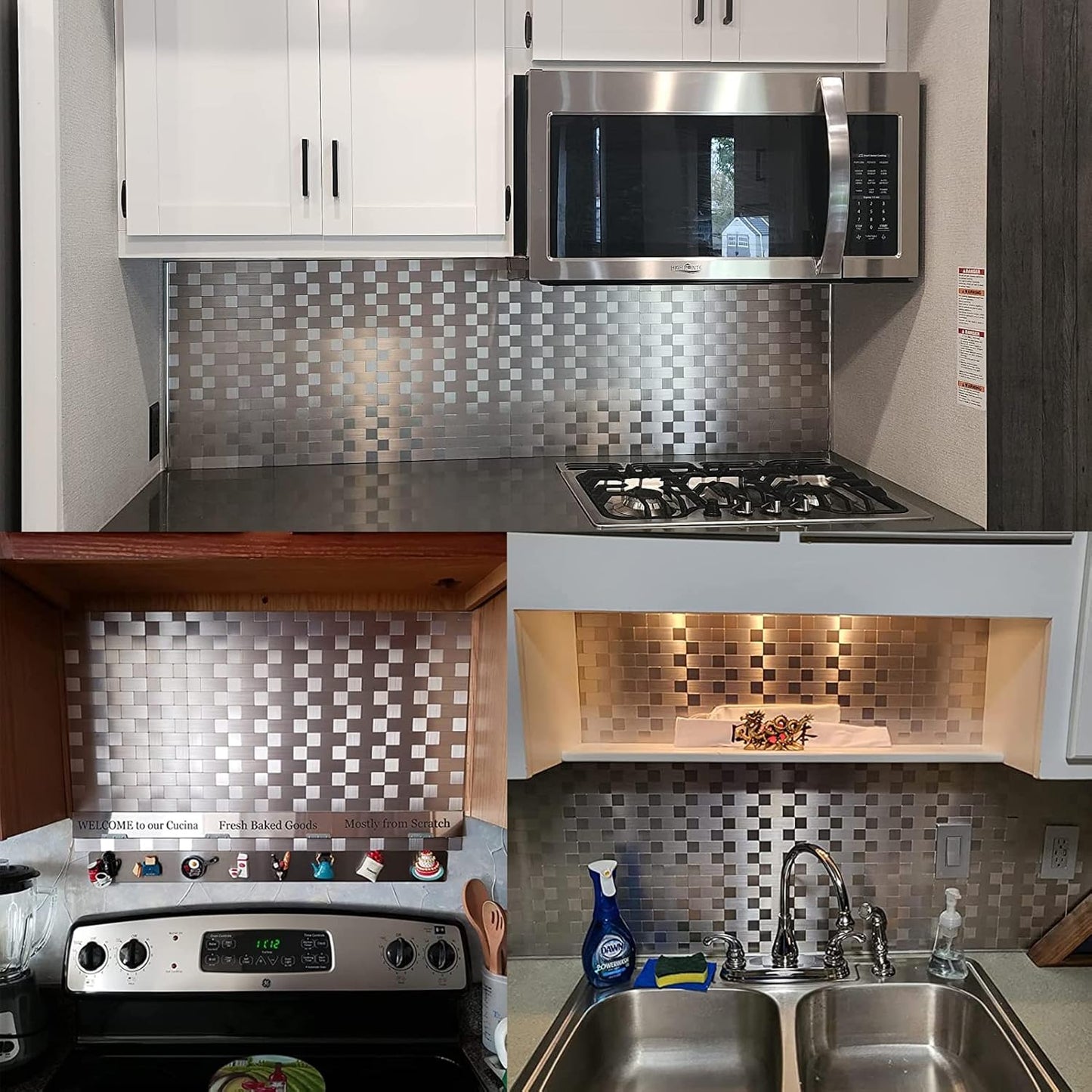 Stainless Steel Peel and Stick Backsplash Tiles - 20 Sheets, 12''x12'' for Kitchen & Bathroom