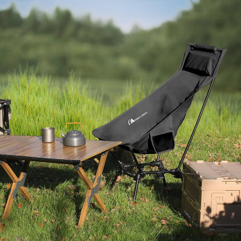 MOON LENCE Folding Portable High Back Camping Chairs for Adults, Adjustable Oversize Lightweight for Beach Hunting Hiking Backpacking (Black with Anti-Sinking Feet)