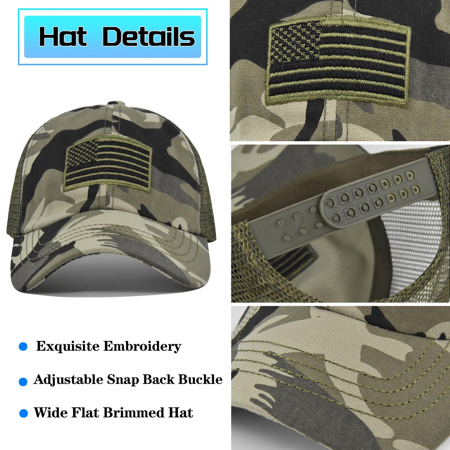 Camouflage Baseball Cap Camo American Flag Trucker Hat for Men Women Mesh Camo Hat USA Flag Camouflage Hats for Men Embroidered Distressed Cowboy Baseball Dad 4th July Hunting Accessories