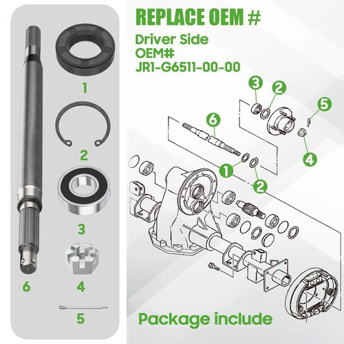 10L0L Golf Cart Rear Spline Axle Shaft for Yamaha G16 G19 G22 G27 (1996-2008) Models, Driver Side (Short) OEM# JR1-G6511-00-00
