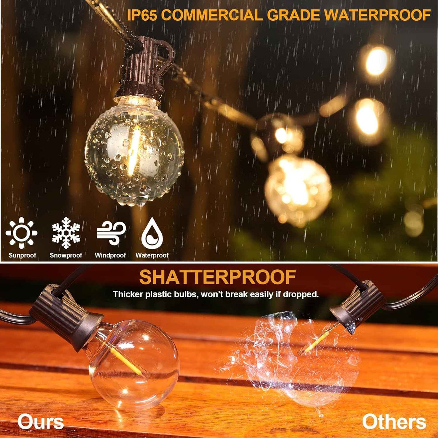 Outdoor String Lights 100FT - G40 Globe Patio Lights with 54 Waterproof LED Bulbs - Black Wire