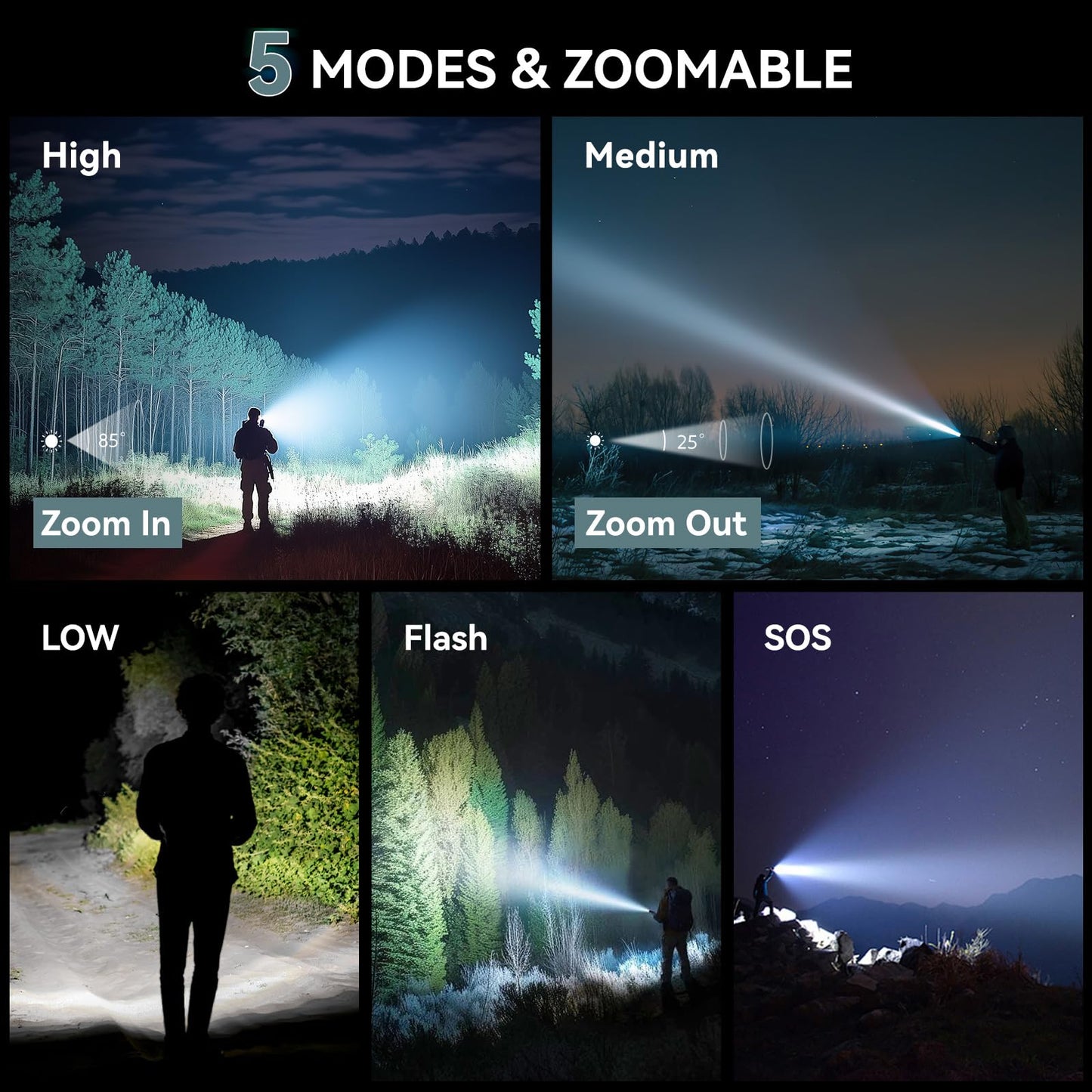 LETMY Tactical Flashlight - 2 Pack Bright Military Grade LED Flashlights High Lumens - Portable Handheld Flash Light, 5 Modes Zoomable Waterproof Flashlights for Home Emergency Camping- Gray