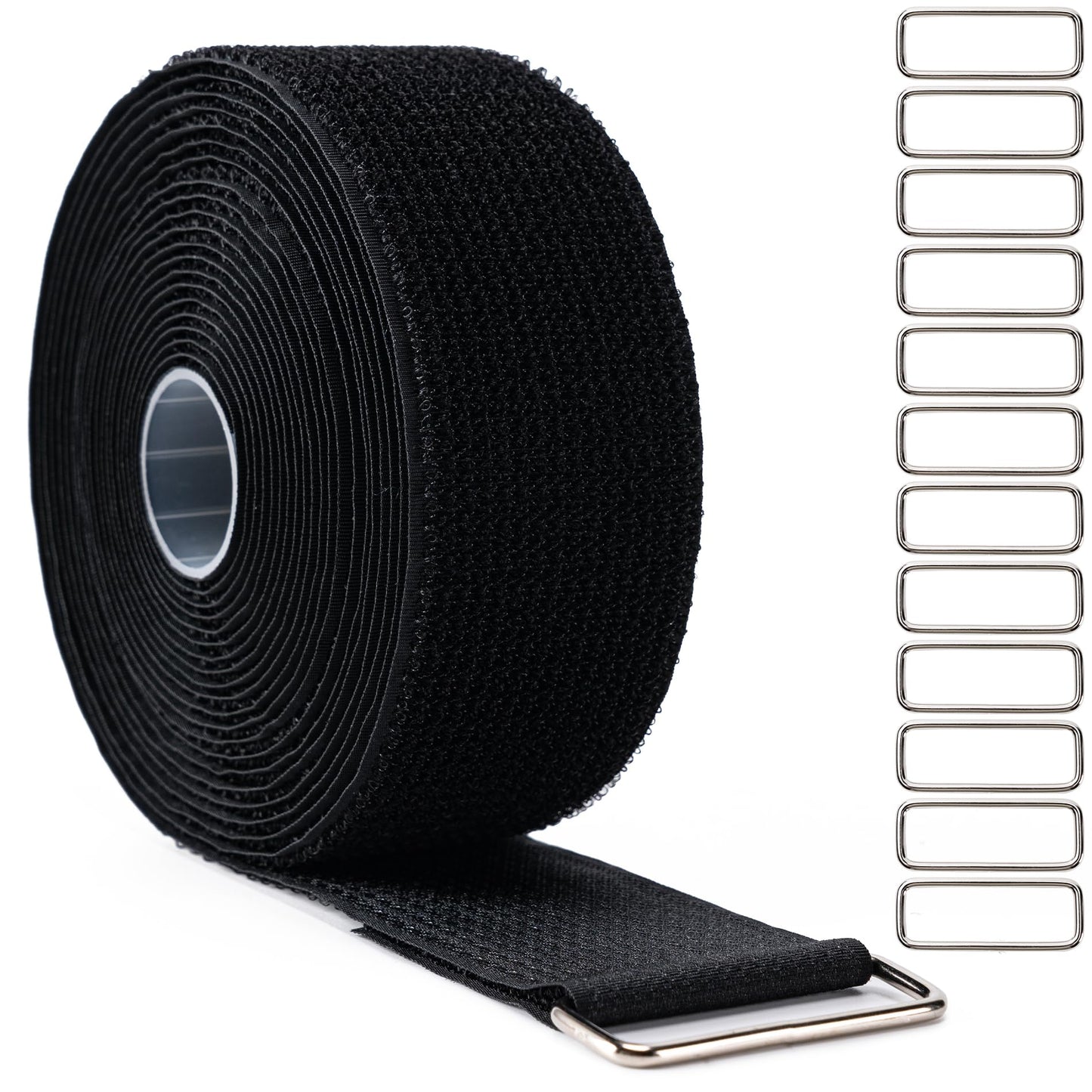 2" x16Ft Hook and Loop Straps with 12 Metal Buckles, Adjustable Fastening Cable Straps, Free Cut Length, Reusable Nylon Cable Ties for Organizer or Storage, 2 inch Wide Black
