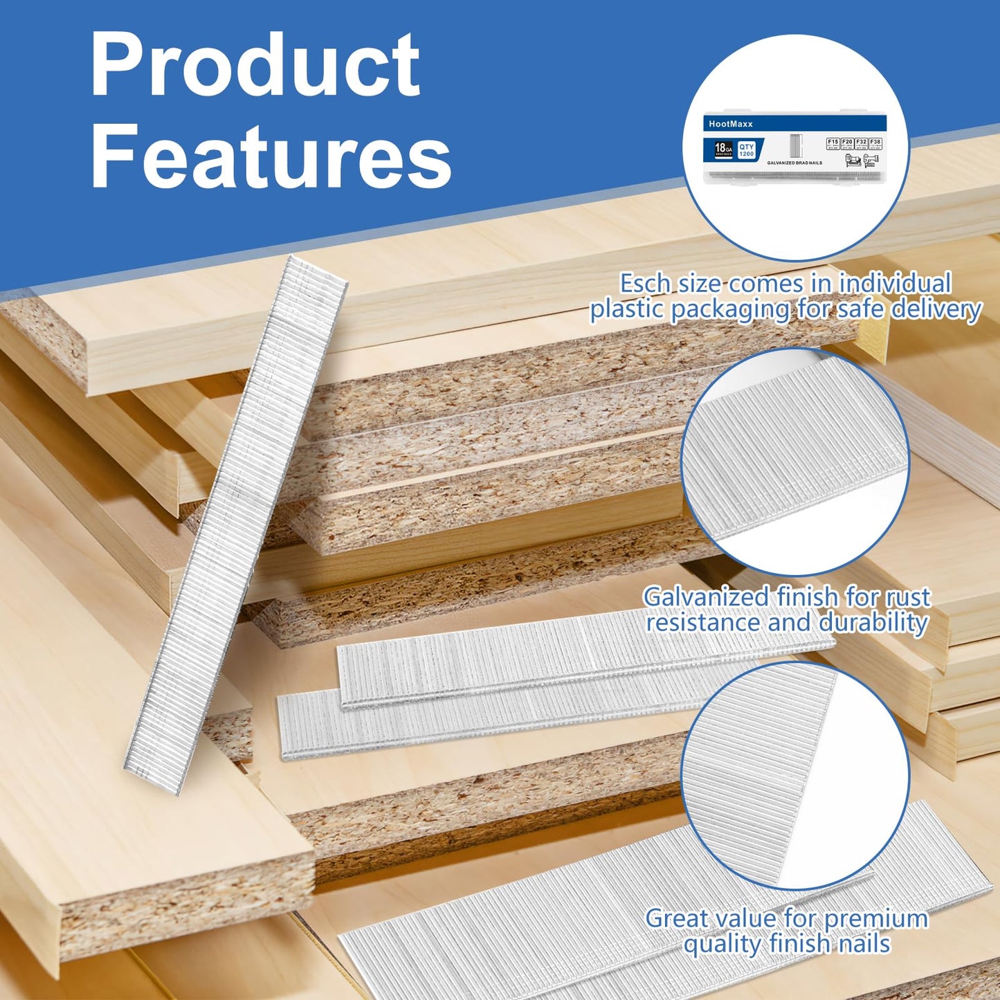 18 Gauge Brad Nails 1-1/2 inch,18 Ga Brad Nails, (1,100 Counts), Galvanized Nail Gun Nails for Pneumatic, Electric Brad Nailer Gun (1-1/2 inch)