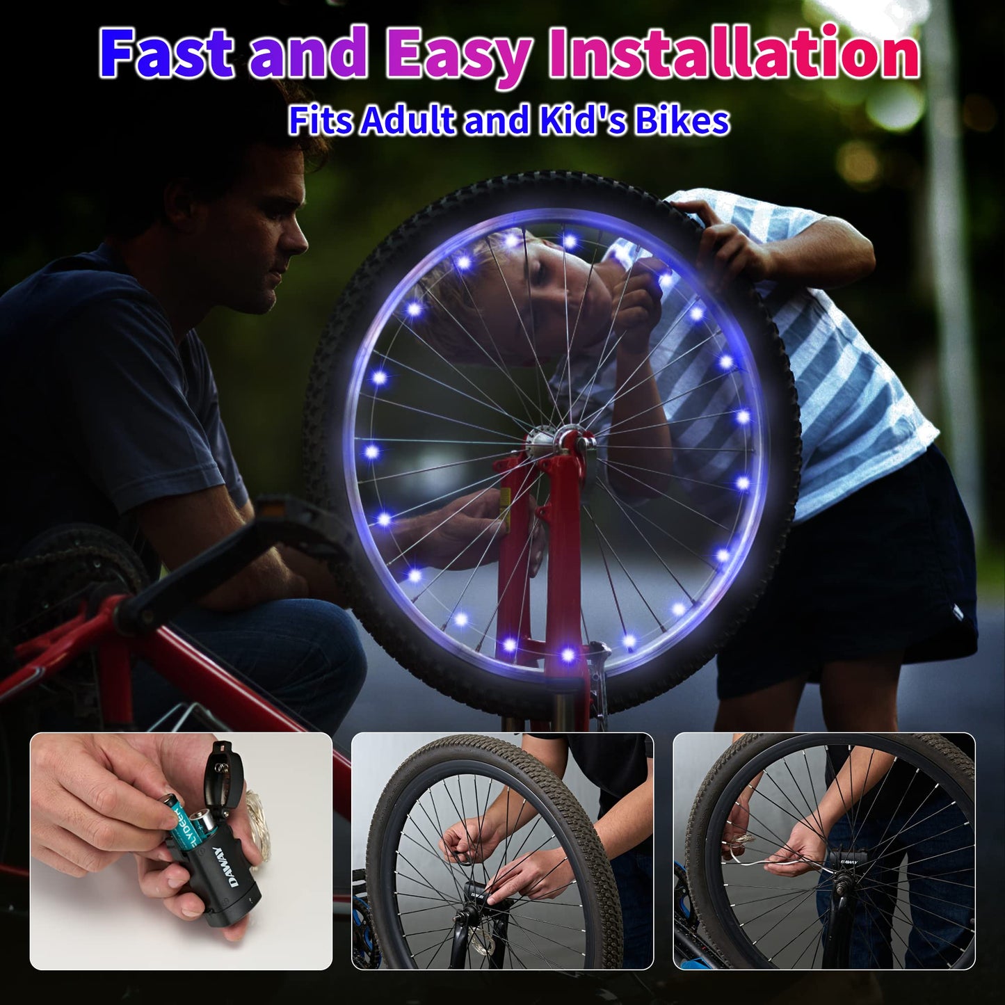 DAWAY A01 LED Bike Wheel Light (1 Tire, Blue) - Fun Bicycle Spoke or Frame Light Strip, Bright Bike Tire Lights for Kids, Boys, Girls, Men, Women, Teens, Cool Bike or Wheelchair Decoration Accessory