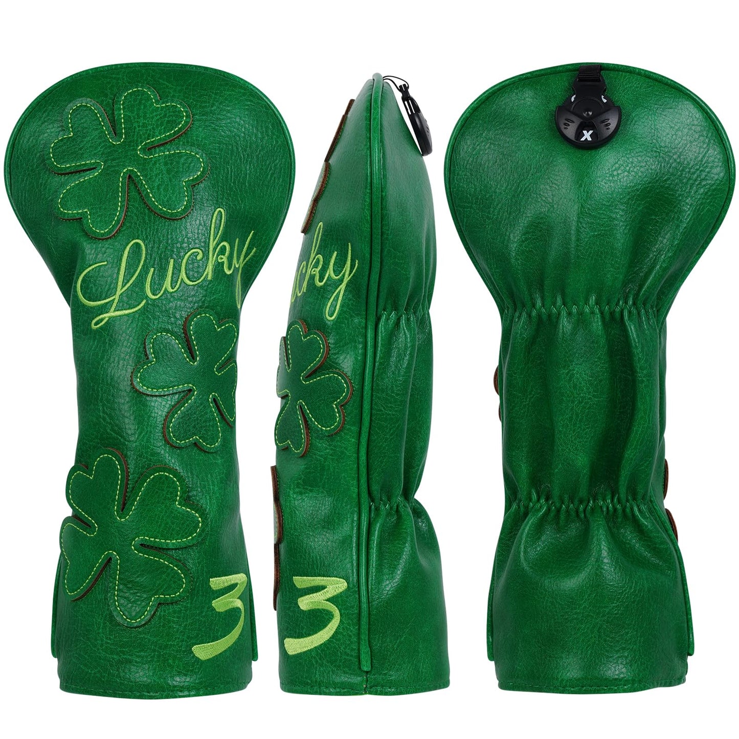 Golf Headcovers Golf Club Head Covers Four Leaf Clover Good Luck Charm - Clover Style Premium Leather Driver Fairway(FW) Wood Hybrid(UT) with Number Tags (Fairway Wood 3 Headcover-Green)