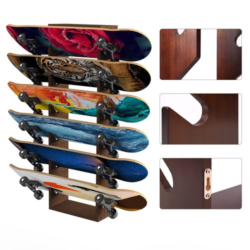 Gtouse Skateboard Rack Wall Mount 6-Tier Wooden Skateboard Storage Rack Holder Skateboard Stand Display Organizer Skateboard Hanger for Longboard, Deck, Standard Skateboards