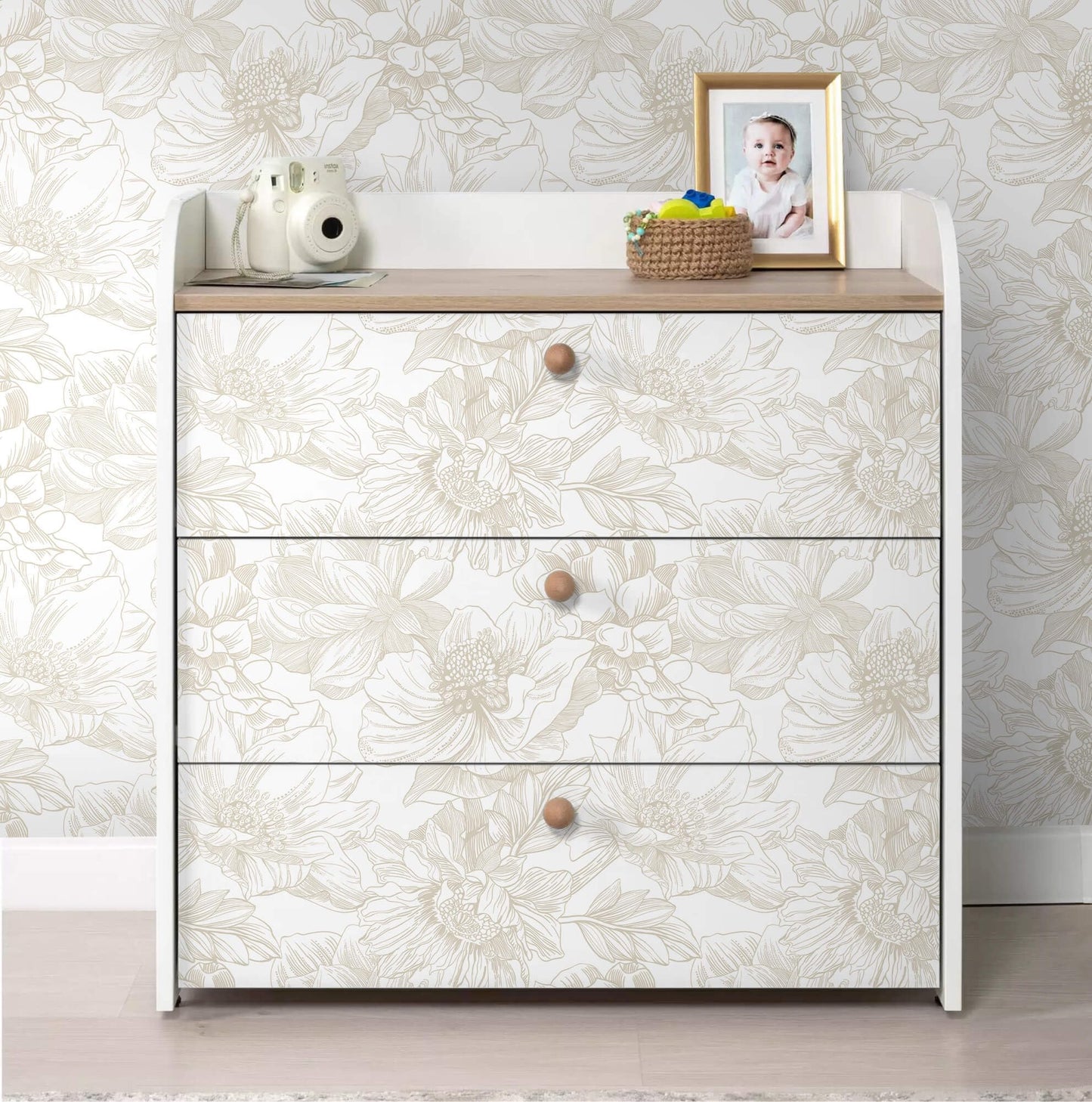 Ismoon Large Floral Peel and Stick Wallpaper Boho Beige Contact Paper 17.3inx6.5ft Neutral Wall Paper Removable Self Adhesive Wallpaper Bedroom Cabinet Bathroom Waterproof Mural Wall Decor Vinyl Roll