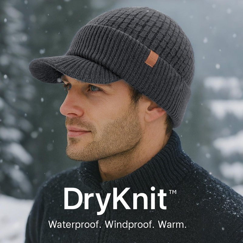 TOP-EX Waterproof Visor Beanie Hat for Men Winter Knit Skull Stocking Cap with Brim Women, Merino Wool & Fleece Lined & Water Proof Headwear for Cold Weather Gray M/L