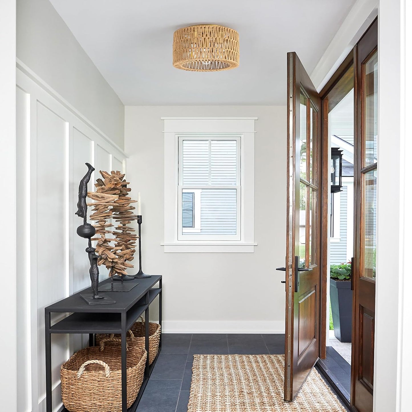 Bohemian Rattan Ceiling Light Fixture - 3-Light Woven Flush Mount for Bedroom & Living Room