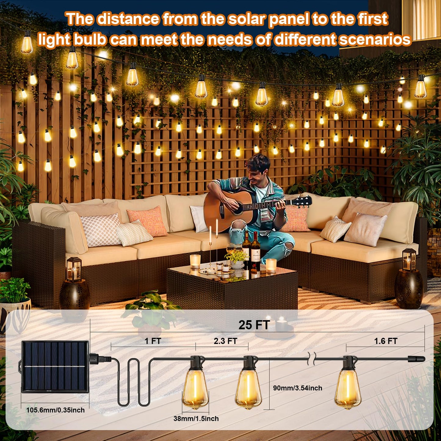 Solar String Lights Outdoor Waterproof with Remote & Timer, LED Shatterproof ST38 Bulbs, USB & Solar Powered Patio Lights for Backyard, Porch, Garden, Wedding, Christmas Decor (25FT)