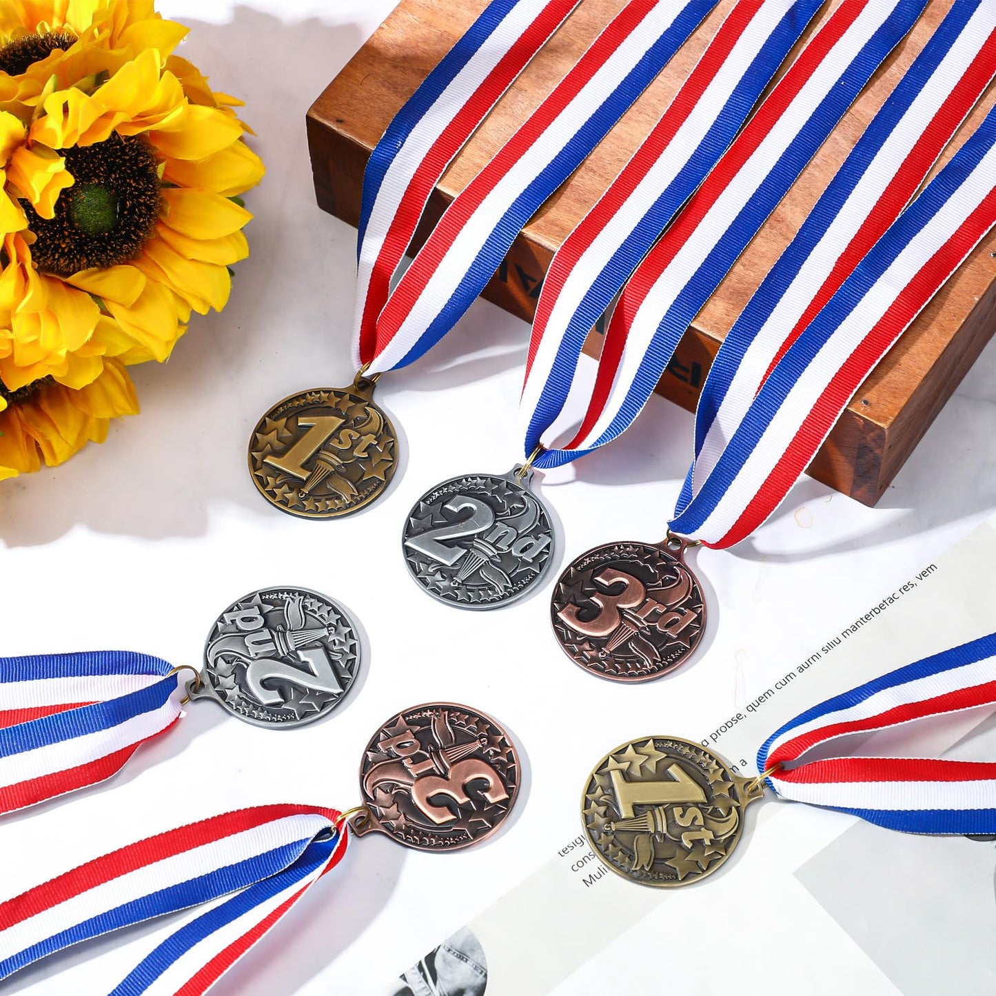 RoundFunny 24 Pcs Award Medals 1st 2nd 3rd Place Medals for Awards Winner Medal Gold Silver Bronze Medal with Neck Ribbon Trophy Award for Sports Competitions Party 2 Inches (Torch Style)