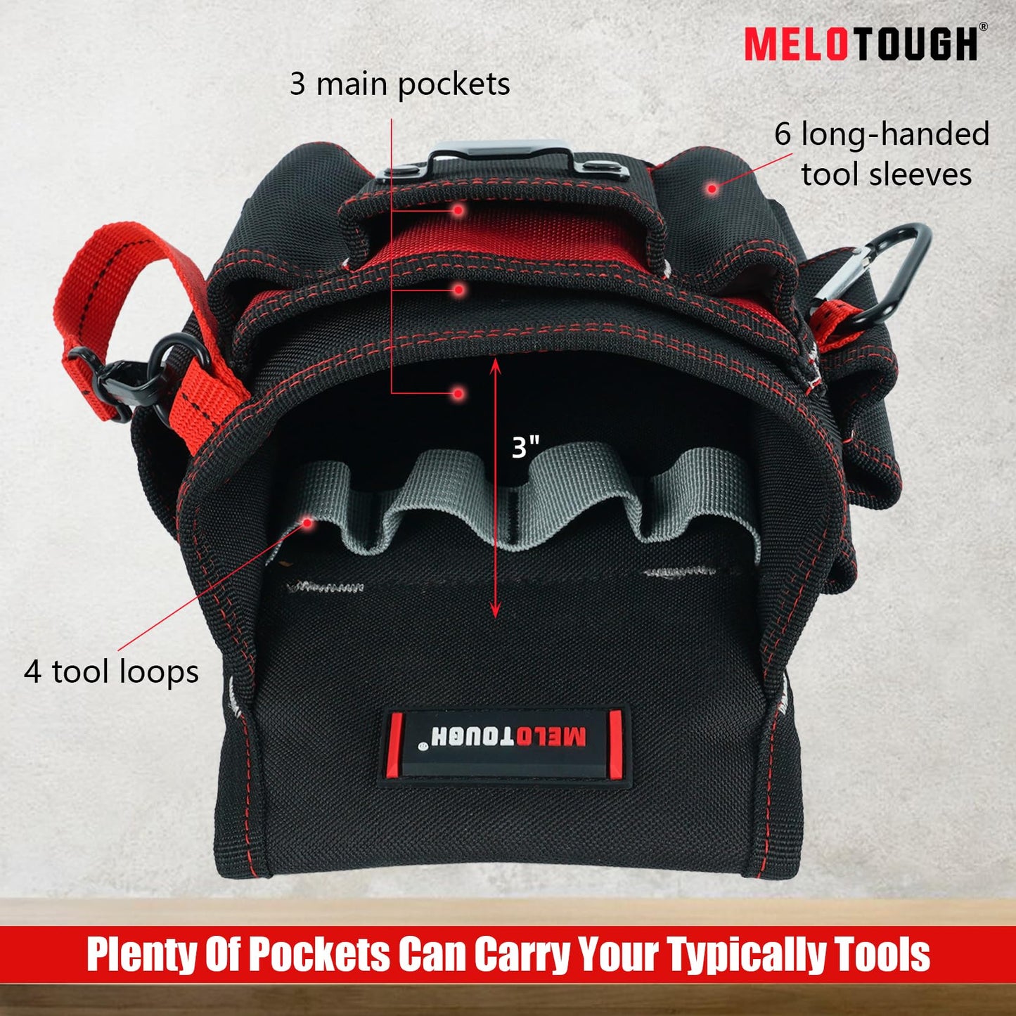 MELOTOUGH Electrician Tool Pouch Lightweight Belt Organizer with Tape Holder & Speed Square Slot for Wiring Construction & DIY Tool Holster with 13 Pockets,Utility Pouch for HVAC Technicians(Red)