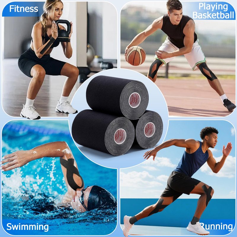 3 Pack Kinesiology Tape - Pro-Grade, Water Resistant & Breathable for Active Lifestyles, Latex-Free Cotton Elastic Tape for Muscle & Joint Support on Knee, Ankle, Shoulder, Wrist - Black 4in 5.5yd