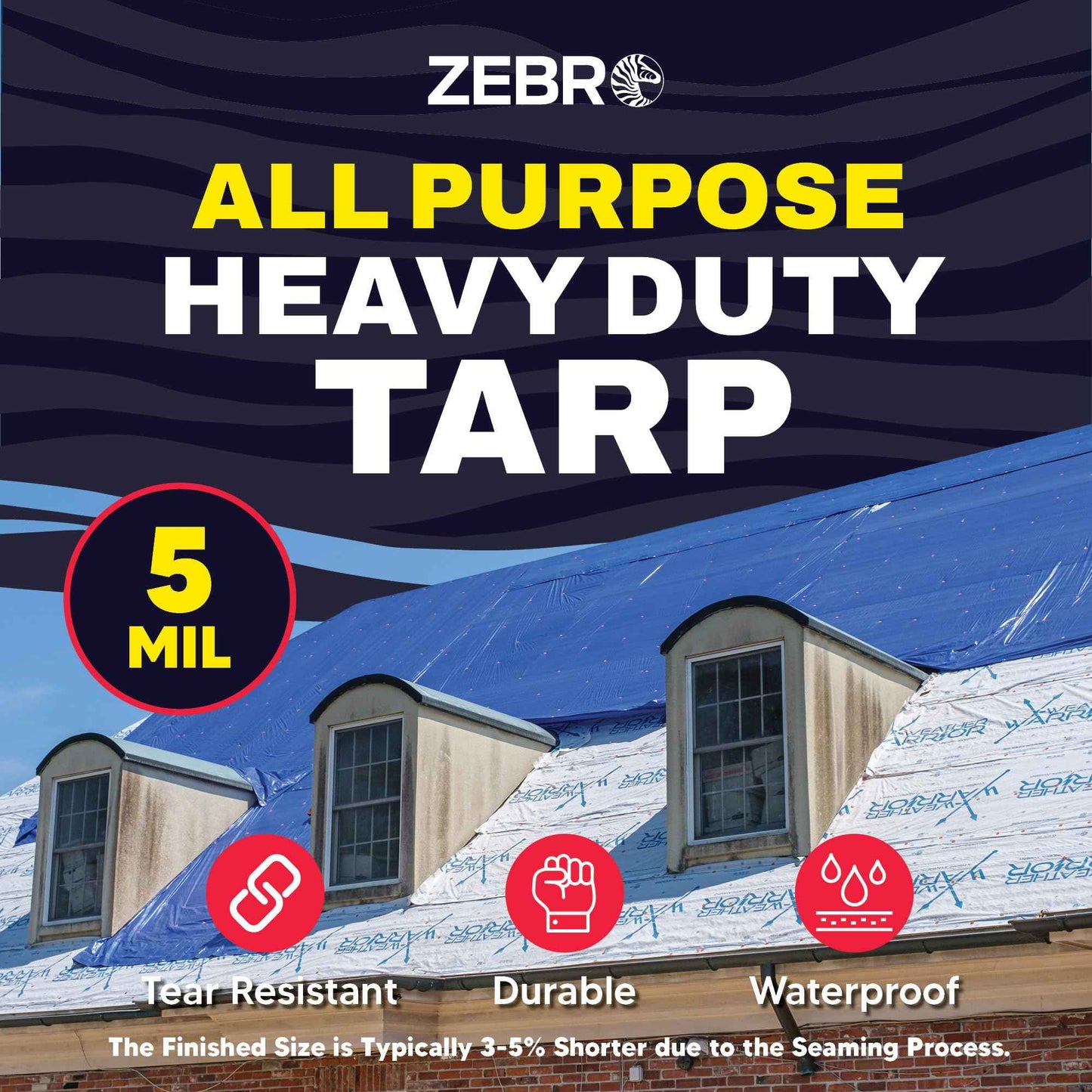 10' x 12' Blue Tarp with Grommets Reinforced - 5 Mil Thick - Durable UV Resistant Plastic Tarps Waterproof - Large Tarpaulin Cover for Outdoor Camping Over/Under Tent Tarp RV Roof Rain - Zebro