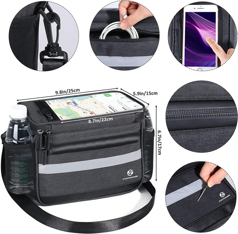 Zyxformis Bike Handlebar Bag, 6L Phone Cycling Mount Front Bags with TPU Touch Screen Phone Holder, Water Resistant Bicycle Storage Bag Bicycle Basket with Reflective strip for Bike Scooter E-bike