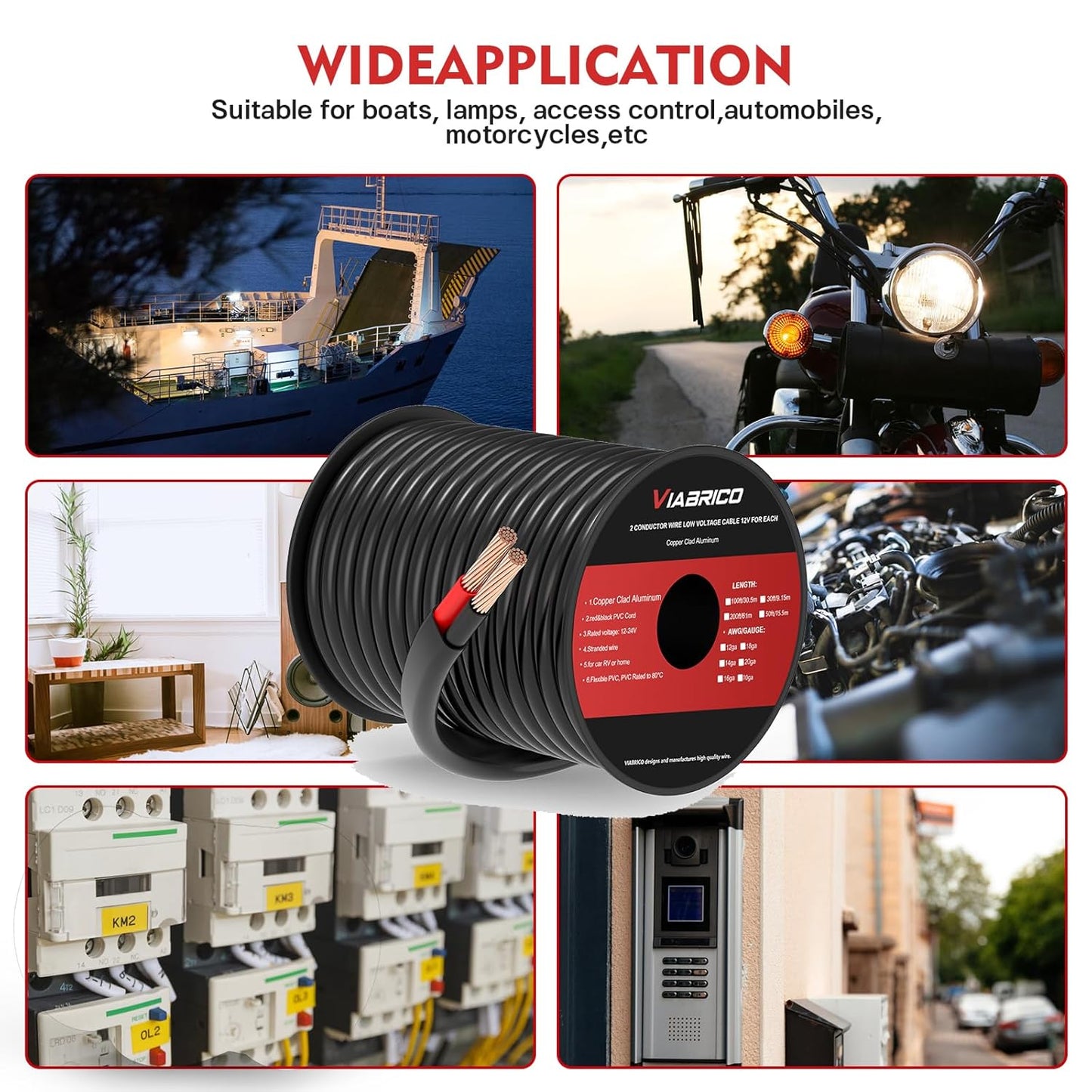 VIABRICO 14 AWG 2 Conductor Electrical Wire - Flexible PVC Cord for 12V/24V DC Applications | 30FT Length