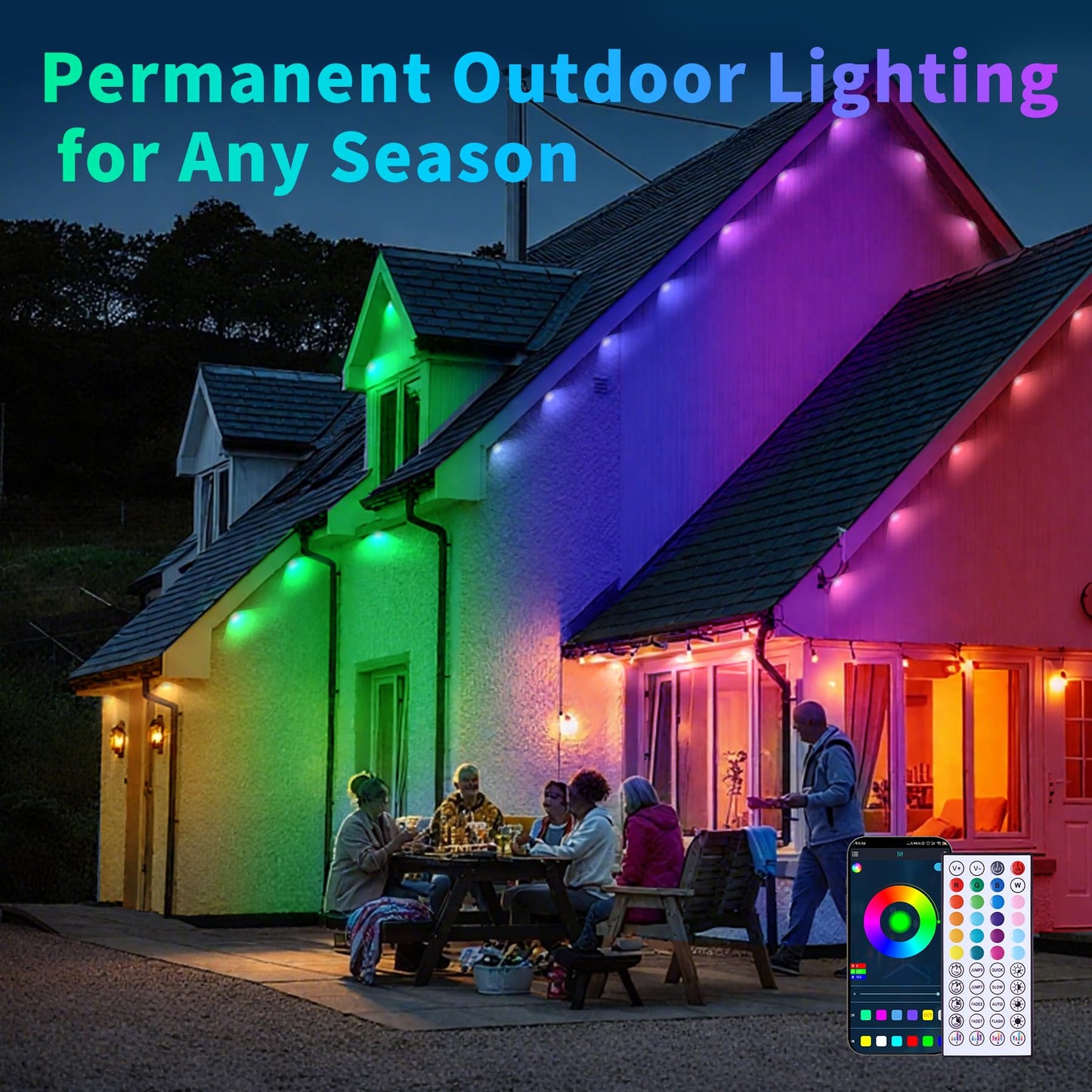 100ft Dynamic Smart RGB LED Permanent String Lights App Remote Color Sync Waterproof Outside House Lights Outdoor Transform Backyard Parties Patio Nights Holiday Magic Festive Glow Instantly