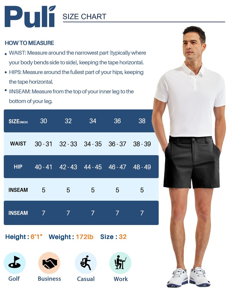 PULI Golf Shorts Men Relaxed Fit Stretch Dress Lightweight Casual Waterproof Travel Quick Dry Flat Front Shorts Black 34W×5L