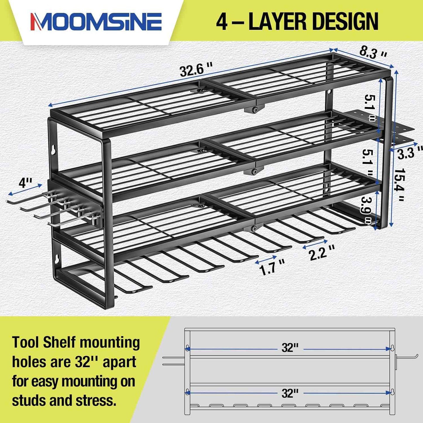 32-Inch Wall-Mounted Power Tool Organizer with Charging Station & 8 Slots for Garage