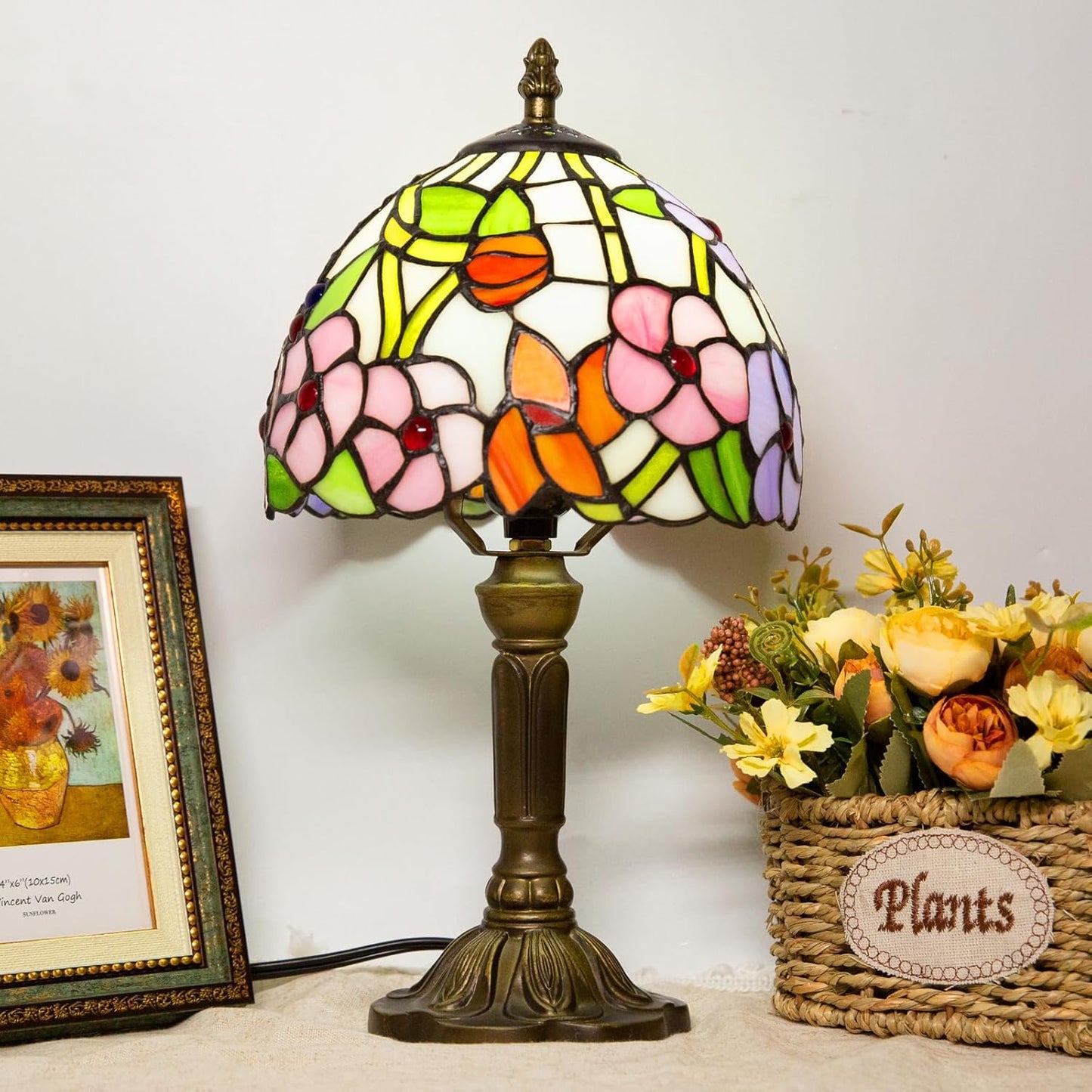 Tiffany Table Lamp - 8 Inch Antique Stained Glass, 3 Color Temperatures, Handcrafted for Bedroom & Living Room