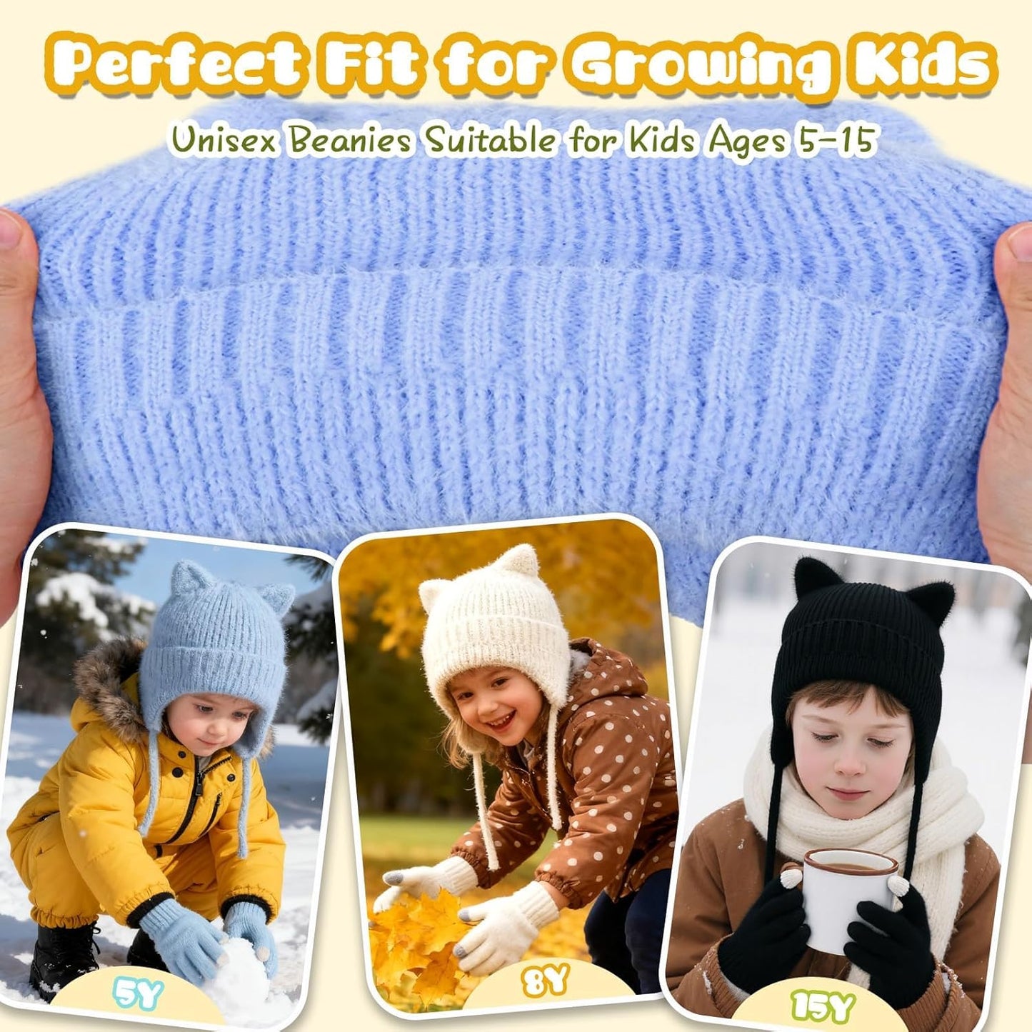 ZOORON Kids Winter Hat & Glove Set - Cat Beanie with Warm Ear Flaps | Knit Skull Cap for Ages 5-15