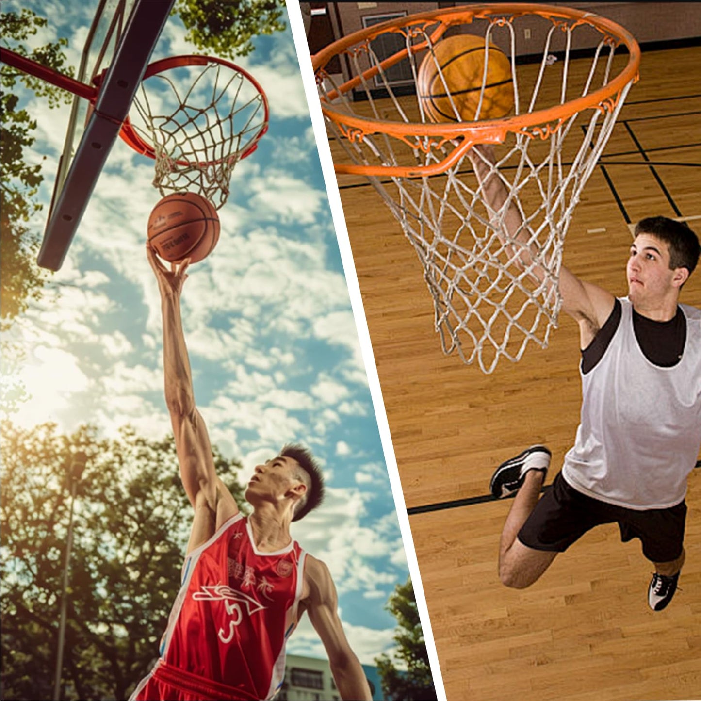 2 Pcs Red White Blue Basketball Nets – Heavy Duty All-Weather Anti-Whip Basketball Hoop Net Replacement, 12 Loops, Fits Indoor/Outdoor Rims, Basketball Accessories, Rim Not Included