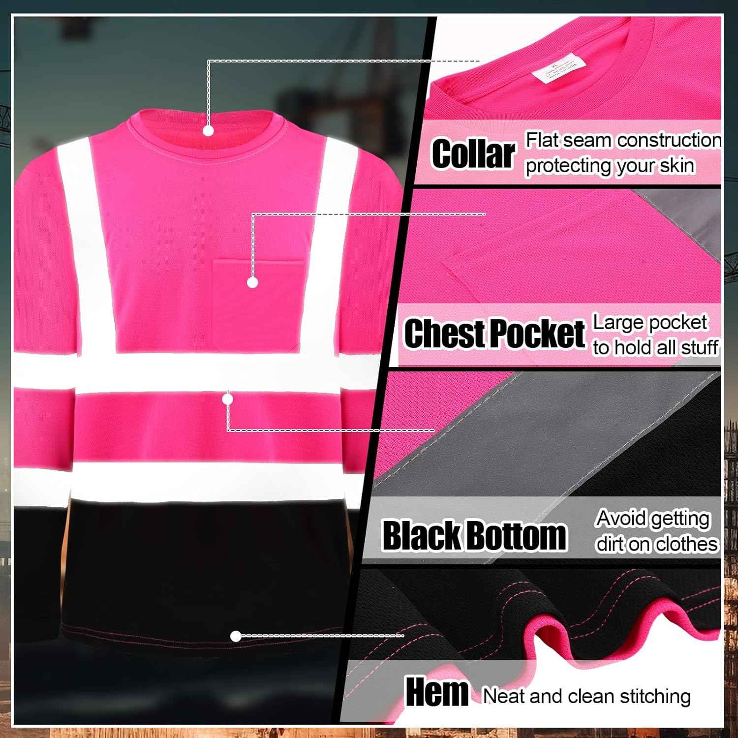 High Visibility Long Sleeve Safety Shirts - 6 Pack Class 3 Reflective Wicking Shirts with Pocket (Yellow)