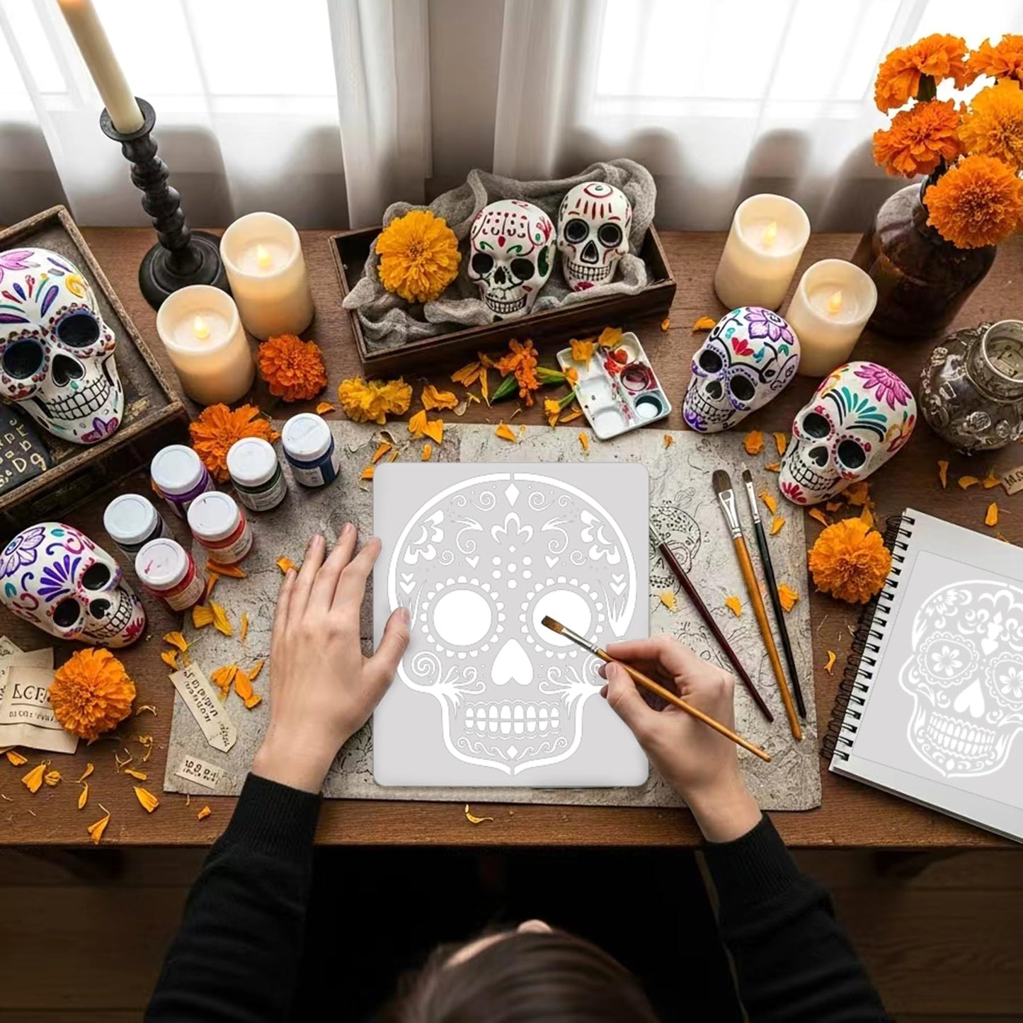 4pcs 12inch Sugar Skull Stencil Large Day of The Dead Painting Template Flower Pattern Skull Stencil Decoration for Holiday Halloween DIY Craft Wood Painting