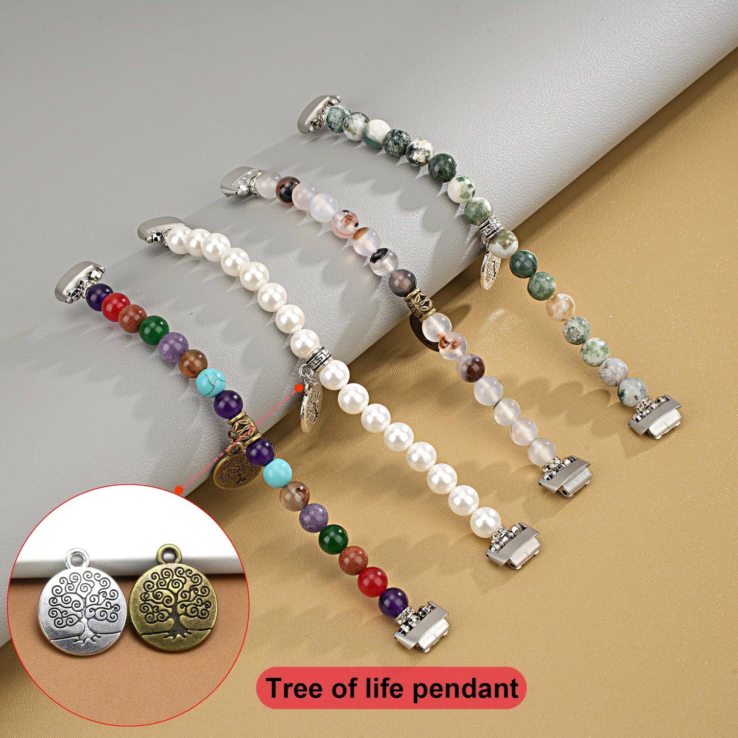 Wongeto Compatible with Fitbit inspire 3 Band Natural Gemstone Beaded Handmade Elastic Stretch Bracelet Tree of Life for fitbit insprie 3 Women (Vertical Agate)