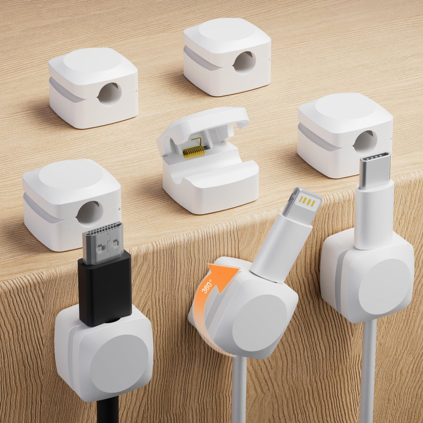 Rotatable Cord Organizer, Enhanced Spring Cable Clips, Strong Adhesive Cable Management, Desk Cord Holder for Nightstand, Office Accessories and Car (8*White)