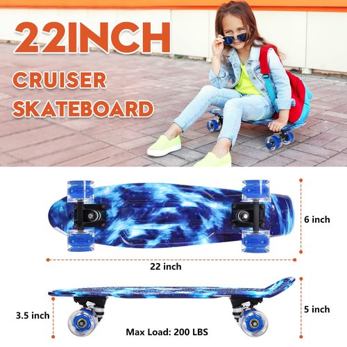 CLYCTIP Skateboard,22 inch Complete Mini Cruiser Board with Colorful Flashing Wheels and ABEC-11 Bearings for Kids,Boys,Girls,Beginners (Blue)