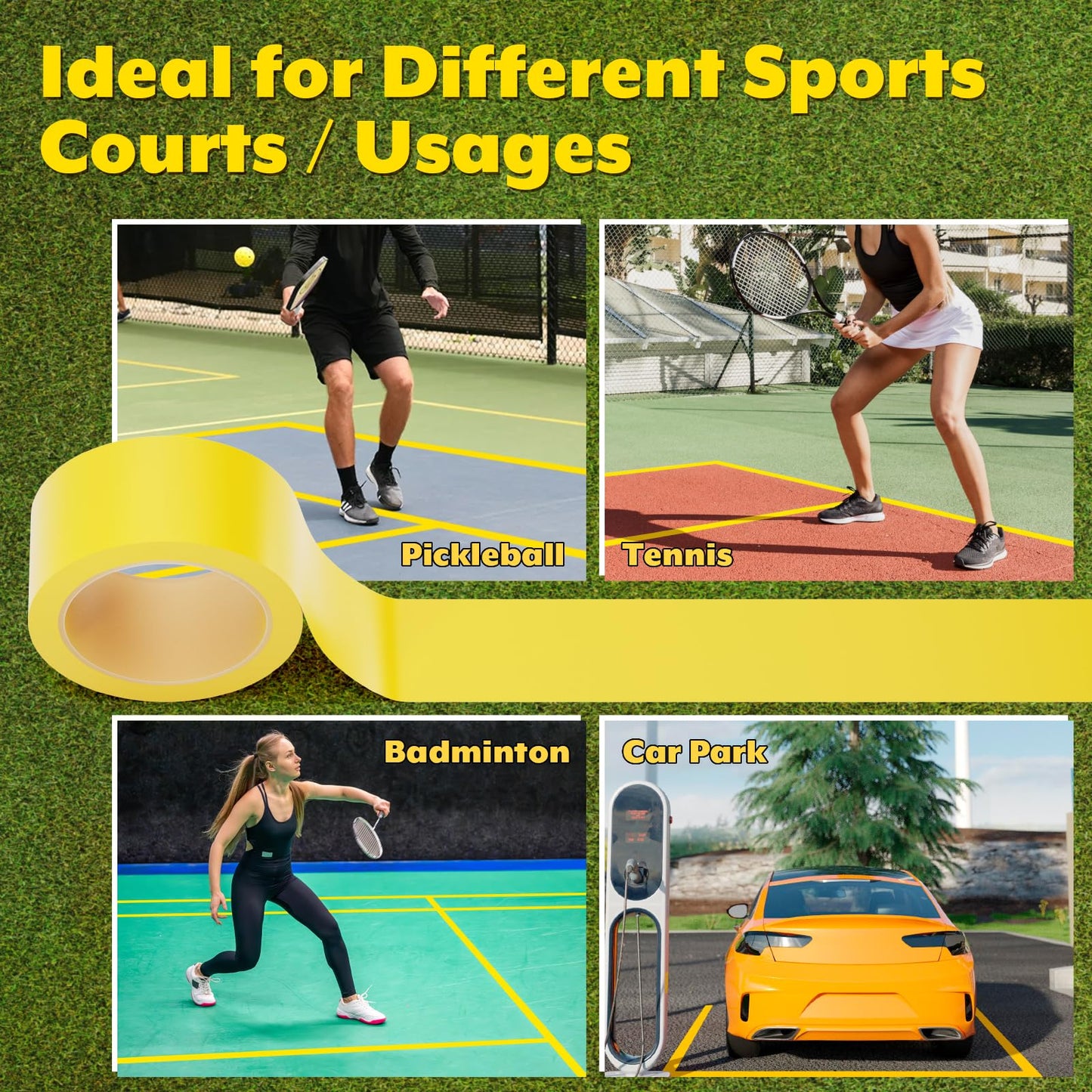 Pickleball Court Tape Outdoor Yellow Marking Line - 212 ft x 2 in Full Size Court Floor Sports Marking Tape for Pickle Ball, Tennis, Badminton, Car Park, Backyard, Water-Resistant & Tear Resistant
