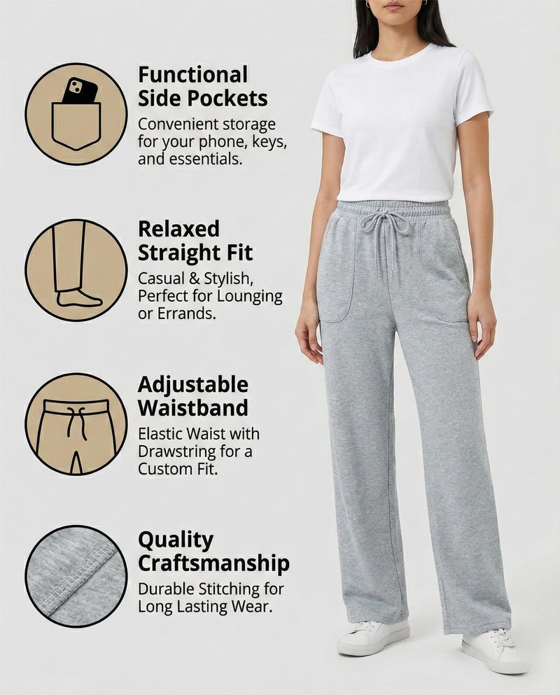 Women's Drawstring Waist Straight Wide Leg Sweatpants Casual Jogger Soft Pants with Pockets(36255,Medium) Grey