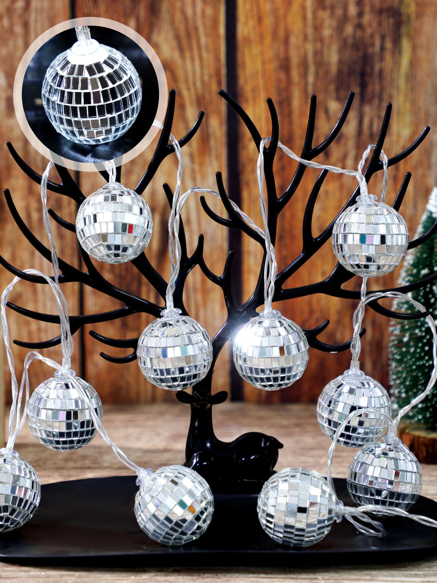 BBTO LED Disco Ball String Light Battery Powered Mirror Balls Ornaments for Outside Backyard Porch 70s 80s Disco Party Supplies(1.18 Inch,Silver White)