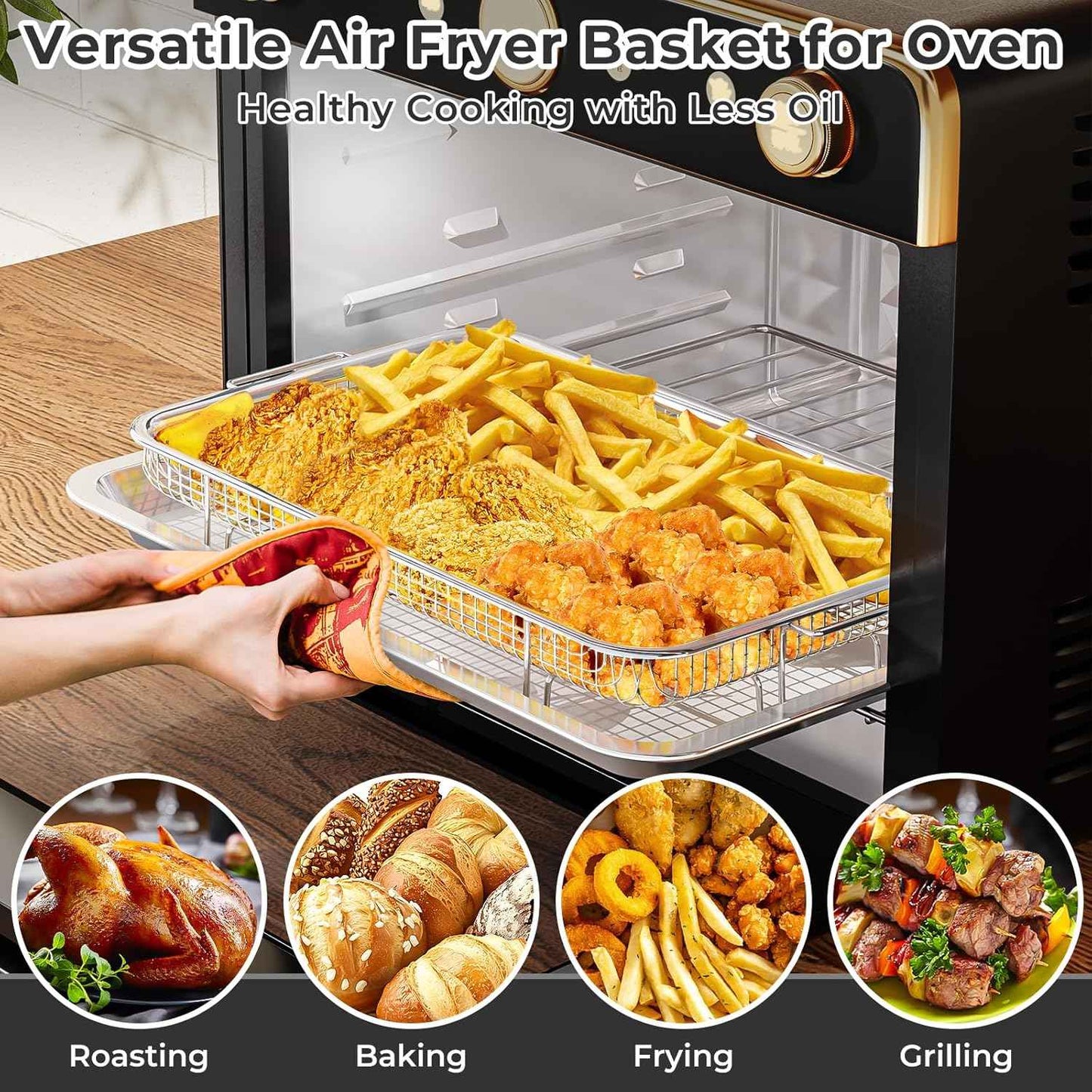 Air Fryer Basket Set with Parchment Papers - Non-Stick Stainless Steel Trays (2 Sizes)