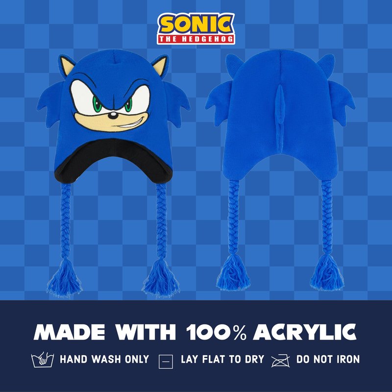 Sonic The Hedgehog Winter Peruvian Knit Beanie, Cuffed Winter Knit Cap, Large Sonic Face with 3D Ears, Blue, One Size