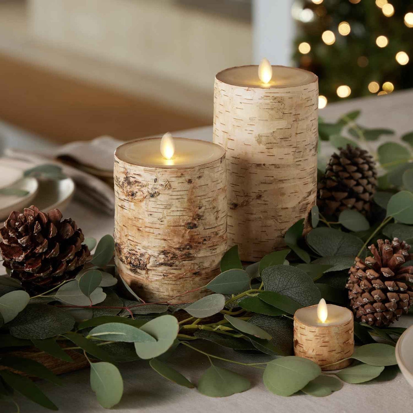 Realistic Moving Flame LED Pillar Candle with Birch Bark - Battery Operated, Remote Ready, 4x7