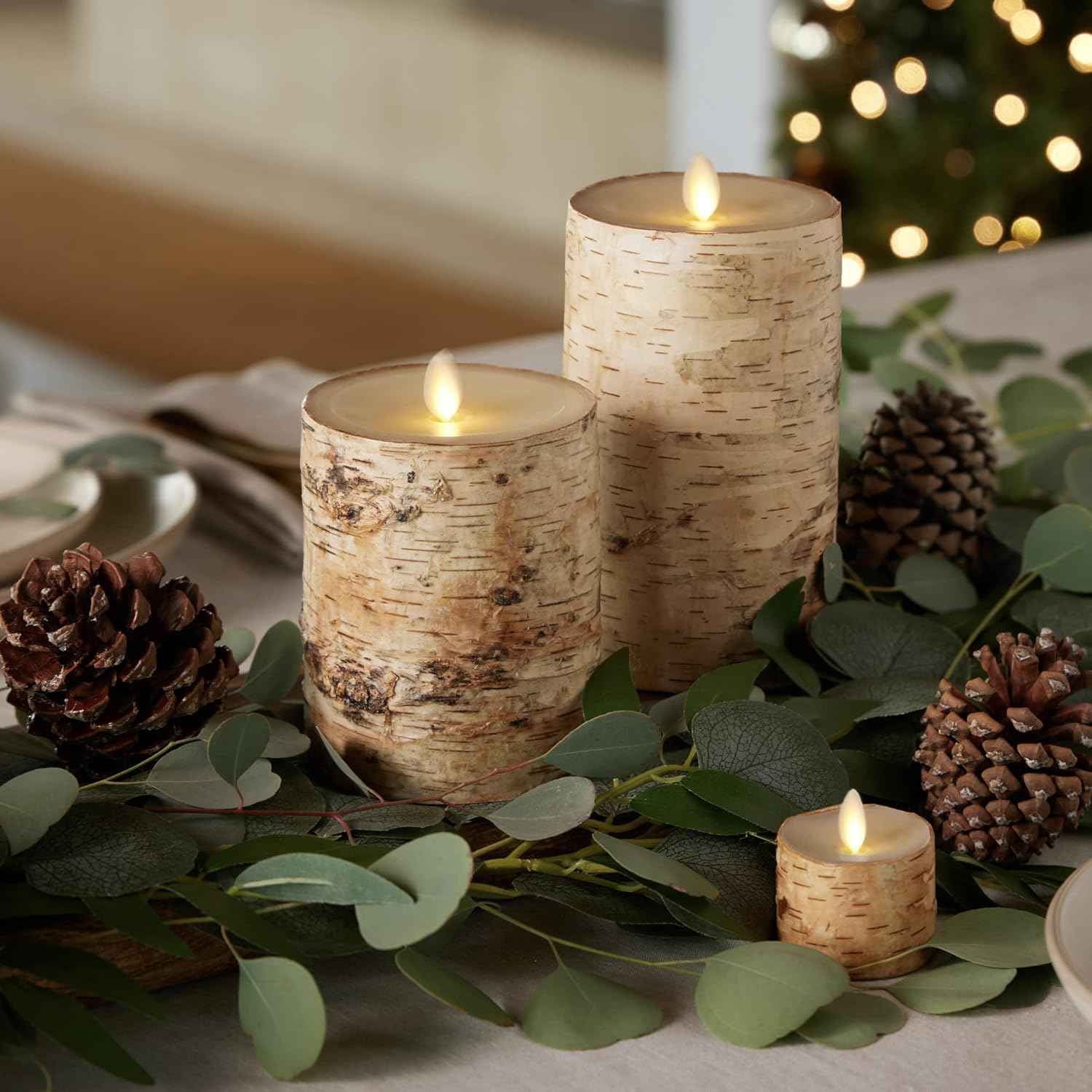 Realistic Moving Flame LED Pillar Candle with Birch Bark - Battery Operated, Remote Ready, 4x7