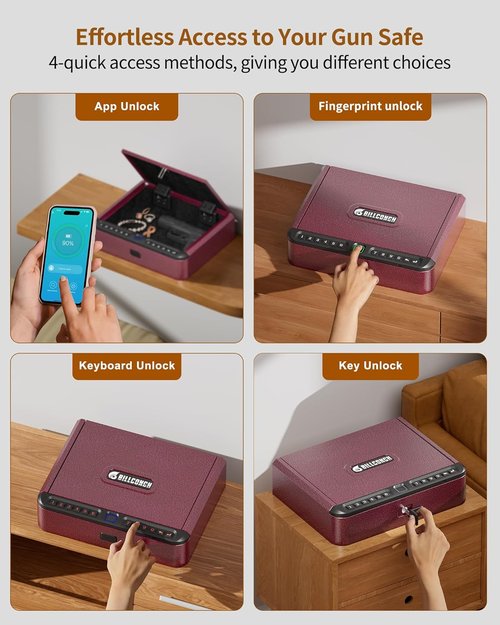 BILLCONCH Biometric Gun Safe for Handgun - Quick Access with Fingerprint, Keypad & APP Lock | Burgundy Red