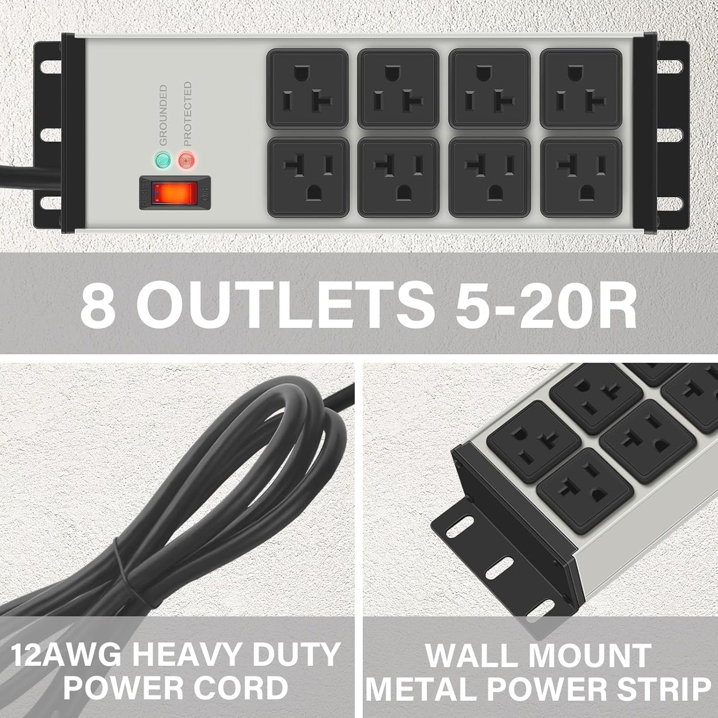 Heavy Duty 20 Amp Surge Protector Power Strip with 8 Outlets, 6FT Wall Mount - Yellow