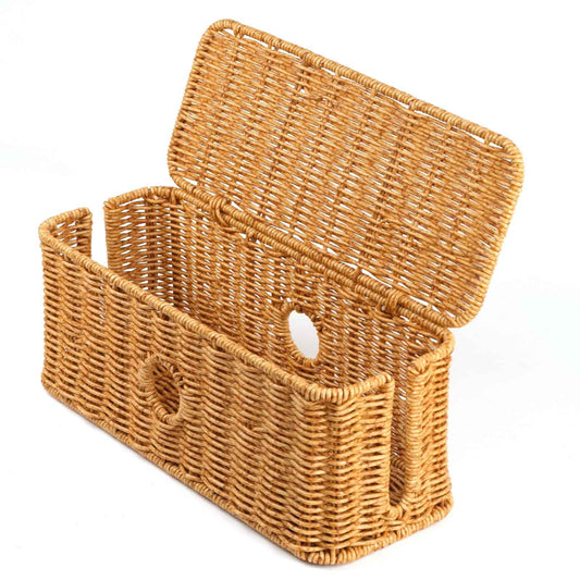 Rattan Cable Management Box Handwoven Cord Organizer Box, 4 Open Slots Cords Hider Box Under Desk Cable Management Suitable for TV Cables Computers Routers Power Cords to Hide and Organize