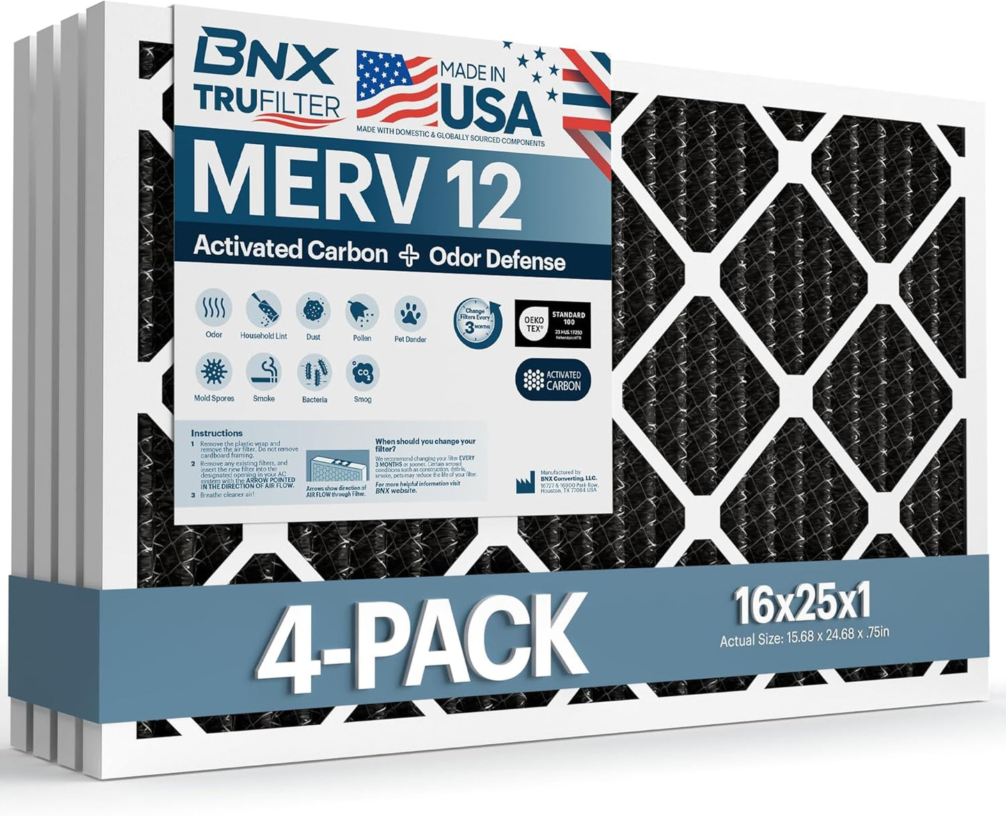 BNX TruFilter 12x12x1 MERV 8 Air Filters (6-Pack) - USA-Made Dust & Pet Defense for HVAC