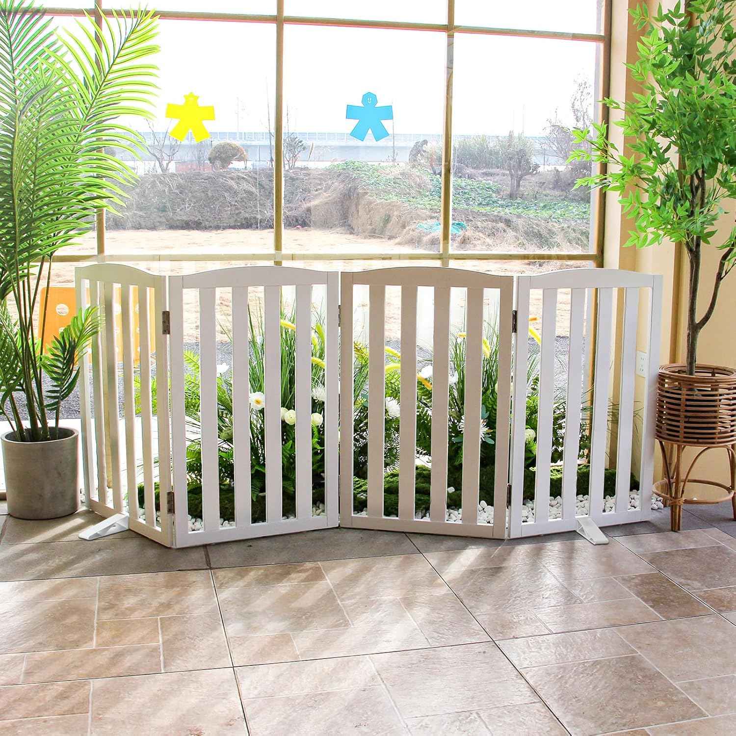 Foldable Indoor Dog Gate - 3-Panel Freestanding Pet Fence for Stairs & Hallways, 24" Height, White Wood