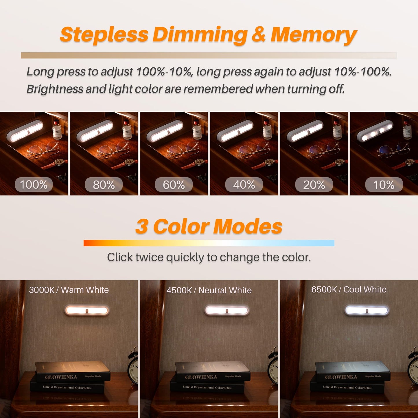 STAR-SPANGLED 3 Pack 7” Dimmable Push Tap Lights, Stick on LED Touch Lights AAA Battery Operated for Kitchen, Closet, Under Cabinet, 3 Color Modes