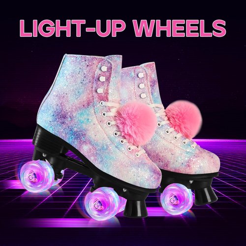 LEVYTEMP Roller Skates for Women, Men Light-Up Wheels Double-Row Rollerskates High-Top PU Leather Classic Designs Glitter Skate Shoes for Girls Beginners with a Shoes Bag Size 7 Indoor Outdoor