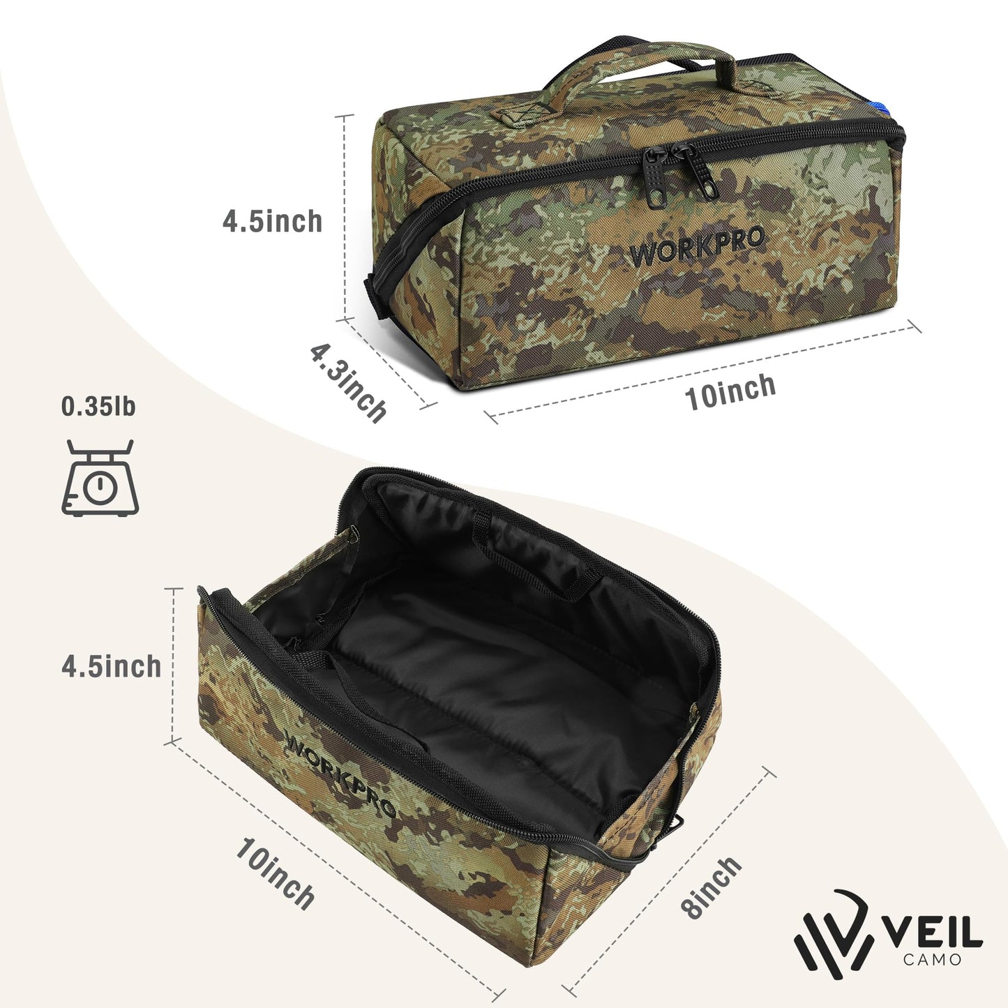 WORKPRO Tool Bag with Zipper, 10" Utility Wide Mouth Heavy Duty Tool Storage Bag, Multipurpose Zipper Tool Pouch Tote Bag for Organizer 3-pack, Camo